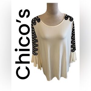 B10 Chico's Women’s Cream and Black Relaxed Ruffled Blouse Size 3. B:46” L:27”